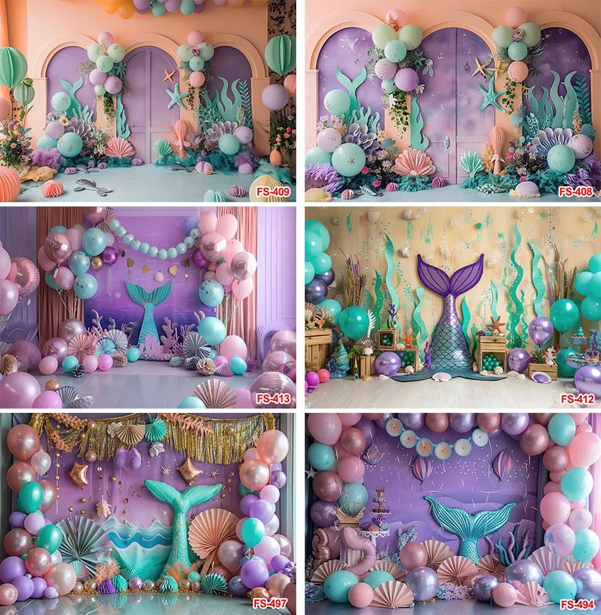 

Mermaid Backdrops Photography for Birthday Party Decorations Kids Baby Girl Mermaid Tail Photocall Seabed Shell Backgrounds