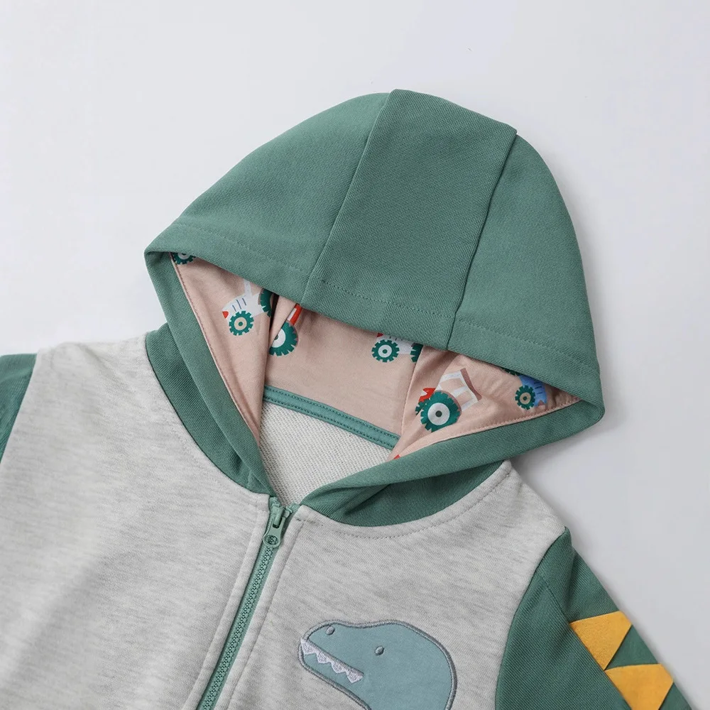 2026 Baby Boys Cute Cartoon Dinosaur Embroidered Long Sleeve Hooded Zipper Hoodies Coat Children's Spring Autumn Casual Jacket