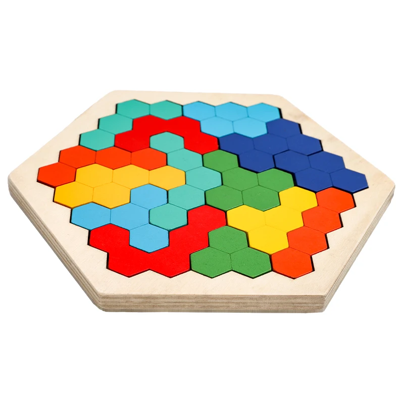 3D Hexagonal Wooden Puzzles Educational Toys For Children Kids Preschool Tangram Board Brain IQ Test Game Montessori Toys Gifts view 3