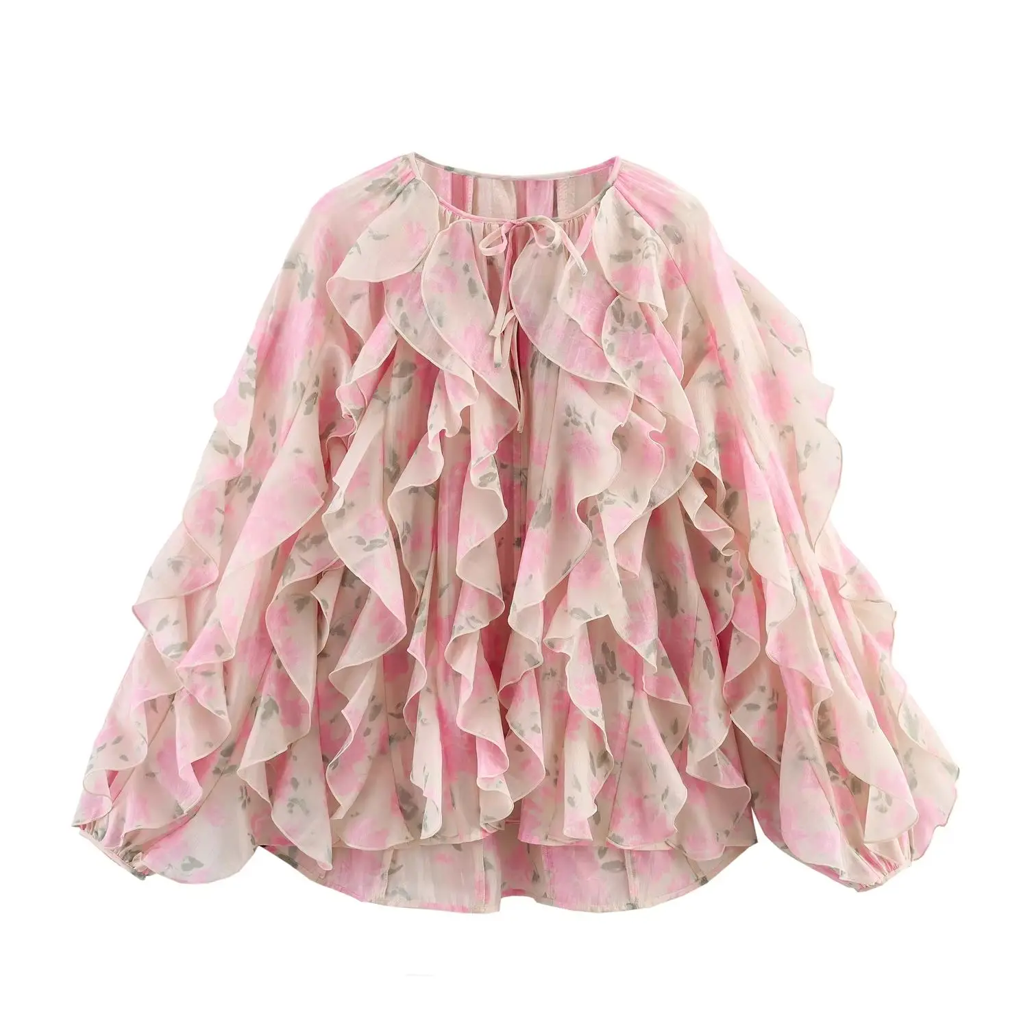 

KONDALA шикарная многоуровневая женская рубашка на шнуровке с цветочным принтом, винтажная элегантная свободная блузка, модная повседневная рубашка с розовым принтом для летних вечеринок 2023 г.