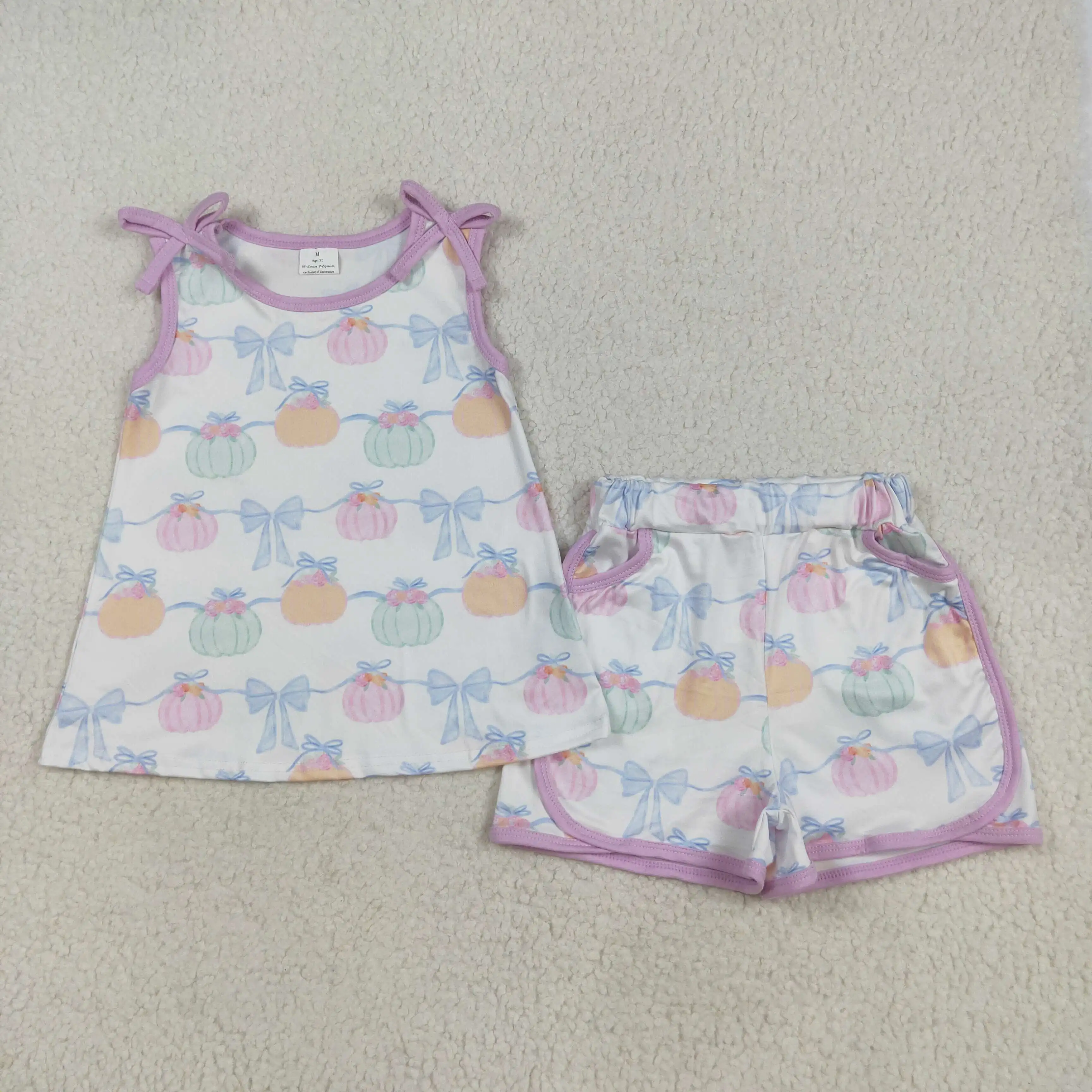 

Thanksgiving girls clothing wholesale pumpkin bow pattern pink and white sleeveless shorts suit