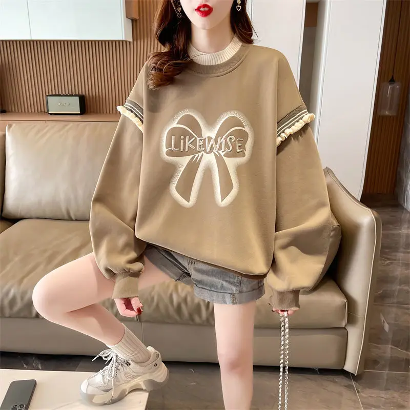 Autumn Korean Printing O-neck Long Sleeve Sweatshirts Women Clothing Young Style Patchwork Pullover T-Shirts Femme Trend Top Tee