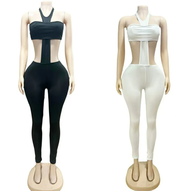 Sexy Strapless Crop Top Halter Slim Tight Pants 2 Piece Set Woman Sleeveless Backless Clothes Summer Women Streetwear