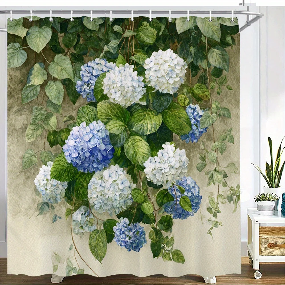 1 Stück blau-weißer Hortensien-Blumen-Duschvorhang mit üppigen grünen Blättern – Polyesterstoff im Aquarell-Stil, maschinenwaschbar, D