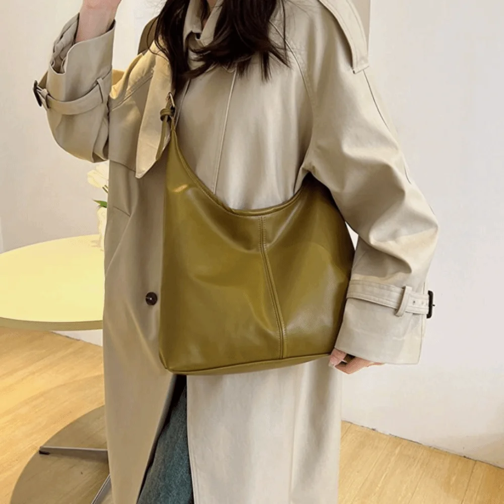 

Ins Large Capacity Vintage Tote Bag PU Solid Color Women's Shoulder Bag Handbag Korean Style Commute Shopping Bag Girls/Female