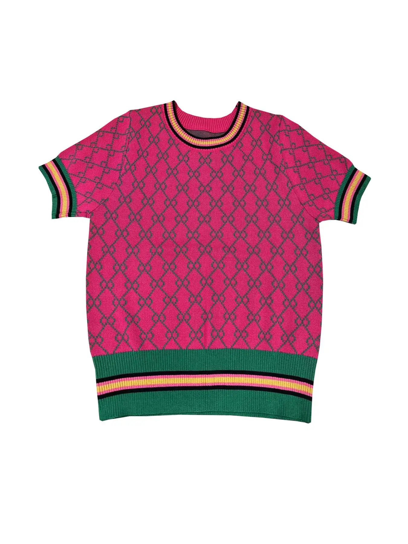2026 NEW SUMMER WOMEN'S ROUND NECK KNIT TOP, DAILY VERSATILE COLOR‑BLOCK PLAID DESIGN T‑SHIRT
