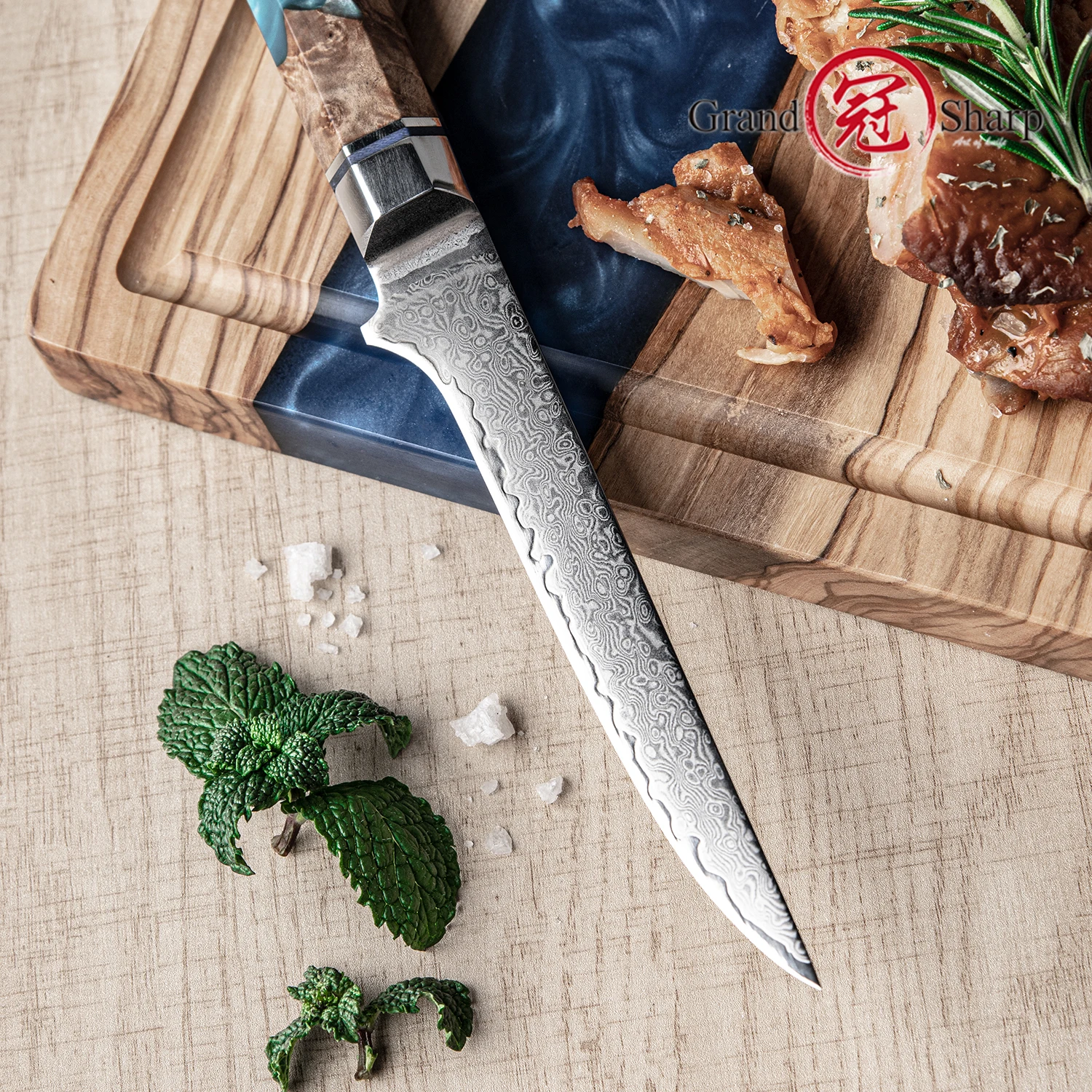 GRANDSHARP 5.7 Inch Boning Knife High Carbon Damascus Steel Fish Filleting Knife Sushi Bone Meat Fruit Vegetables Cutting Tools