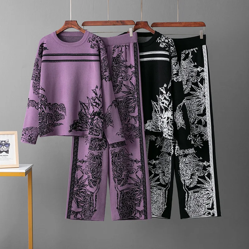 Fashion Women\'s Set Spring and Autumn New Ink Painting Long Sleeve Hoodie Sweater Loose Wide Leg Pants Knitted Two Piece Set