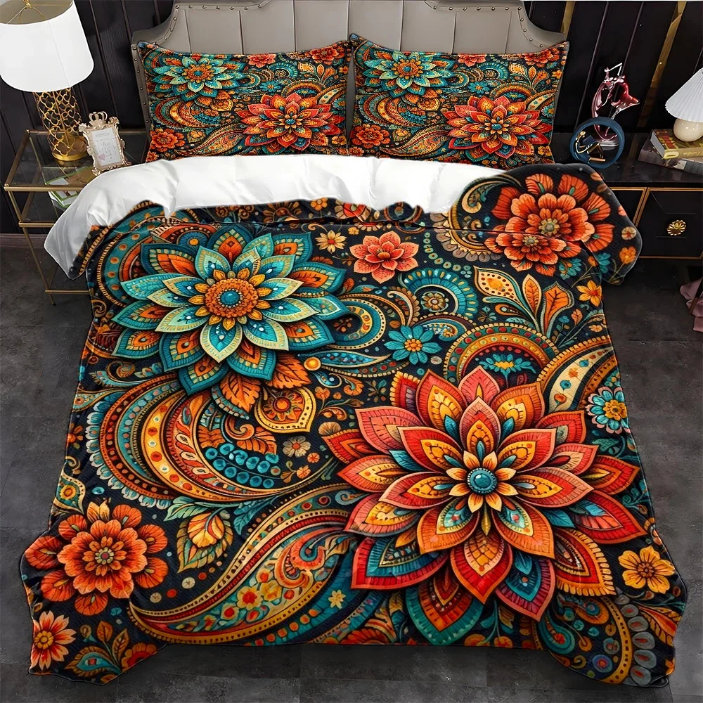 3Pc Ethnic Style Mandala Flower Duvet Cover Set, Three-Piece Bed Set (1*Duvet Cover + 2*Pillowcases), Suitable for All Seasons, Machine Washable, Invisible Zipper Double Bed Cover, Suitable for Home, Dormitory, Master Bedroom, Guest Room, Large Bed Set, Vintage Paisley Pattern Bedding, Printed Duvet Cover, Soft and Skin-Friendly Three-Piece Bed Set, Amazon Best-Selling Bed Cover Set, Exotic Style Decorative Bedding Set 2D Flat Print