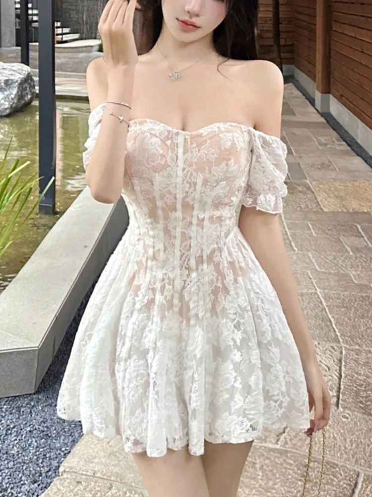Mini robe d'été en dentelle pour femmes, col carré, manches courtes, robes de soirée princesse, ligne a coréenne, décontractées