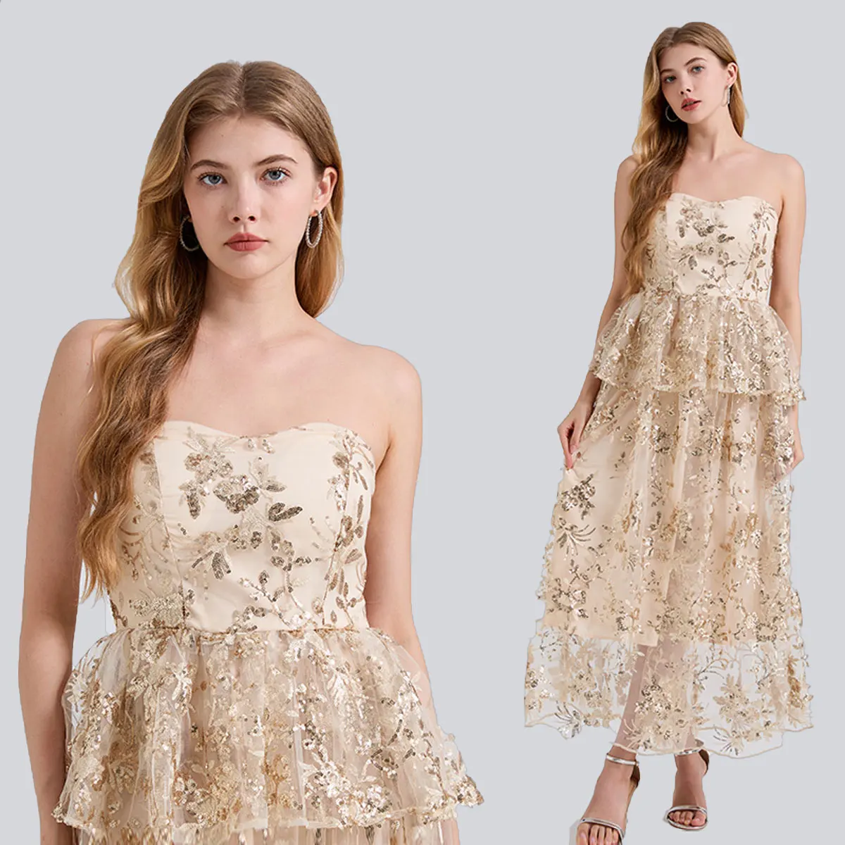 

Top Quality Light Luxury Bead Embroidery Big Swing Dress Women's New Fashion Runway Long Dress with Invisible Shoulder Straps