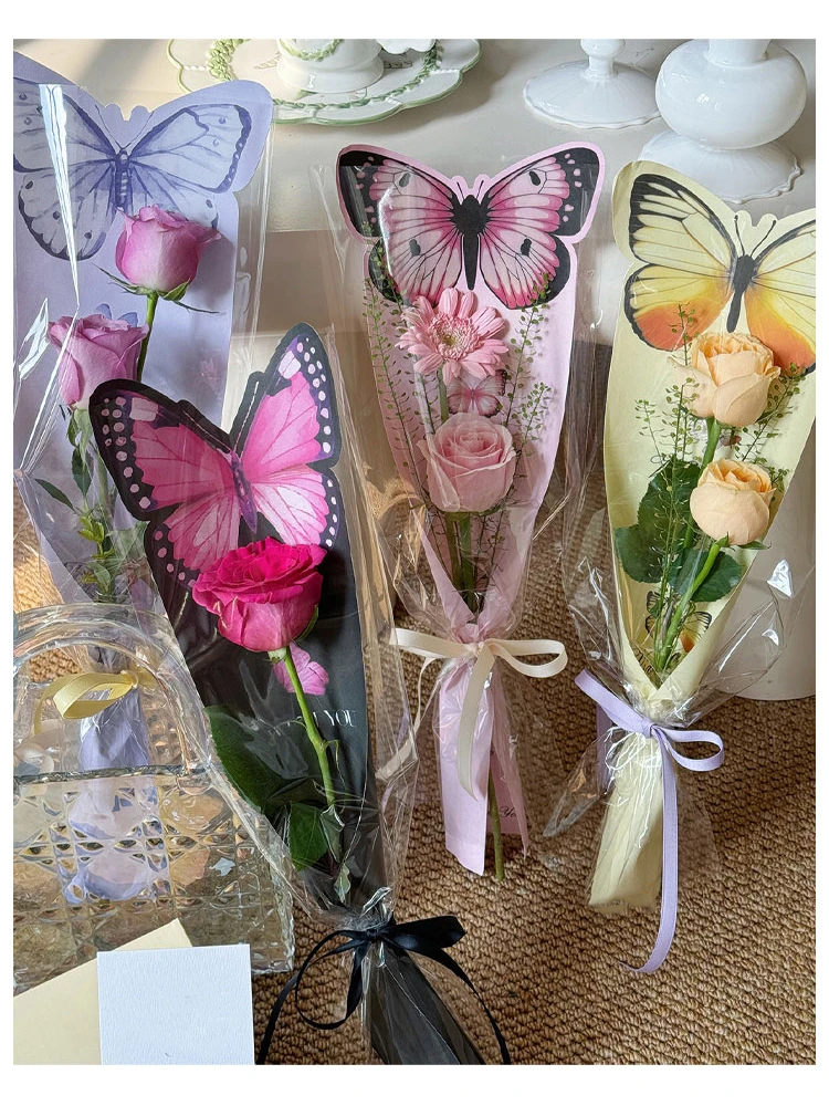 Valentine\'s Day 20pcs Butterfly Flower Wrapping Paper Card Insertion Flower Bag Transparent Single Rose Packaging Bag