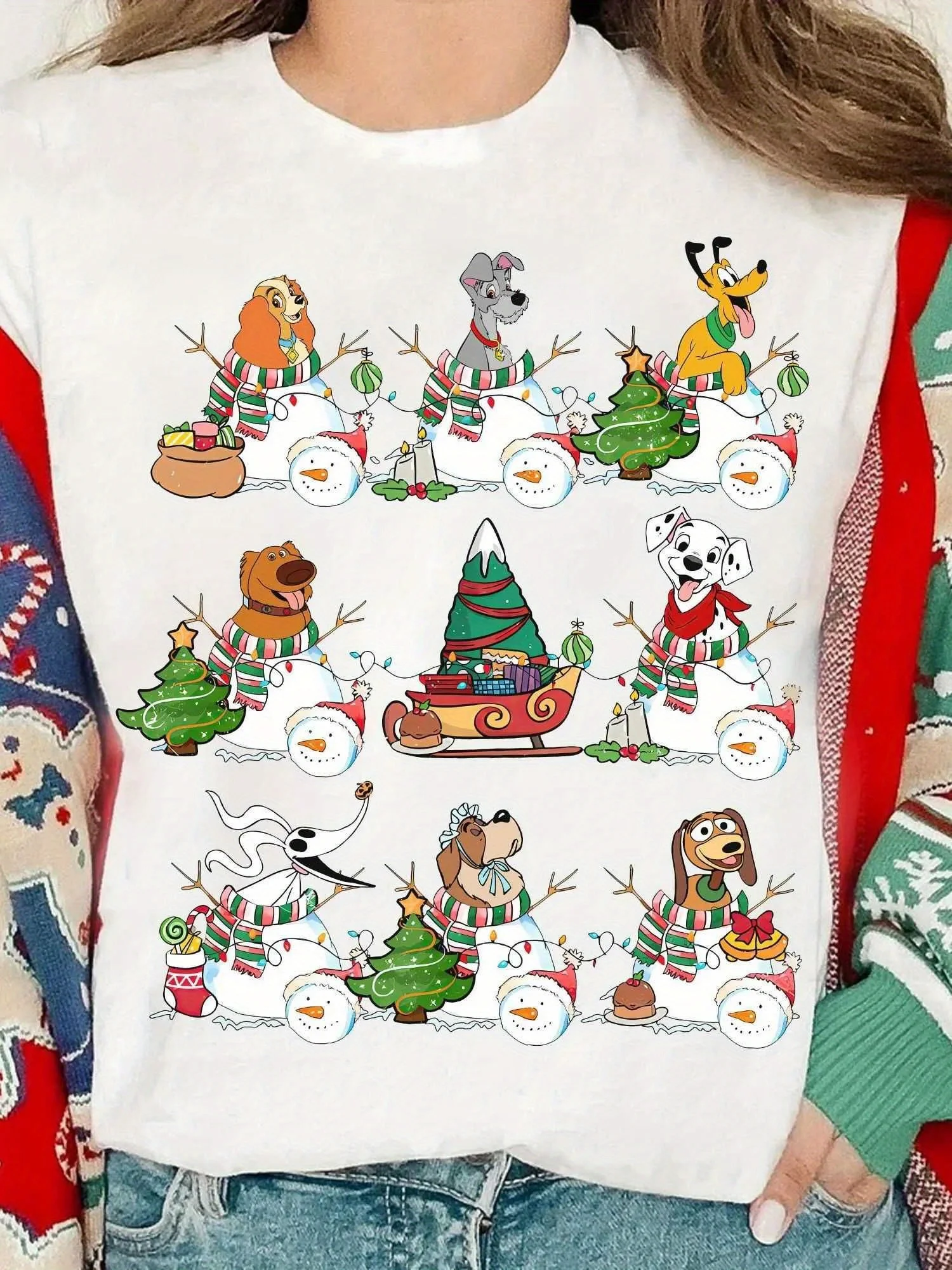 

Disney Christmas T-shirt - Couple&Tramp, Pluto Slinky、 Dalmatian Dog, Nana, Zero&Dog Snowman&Puppy Printed Short Sleeves