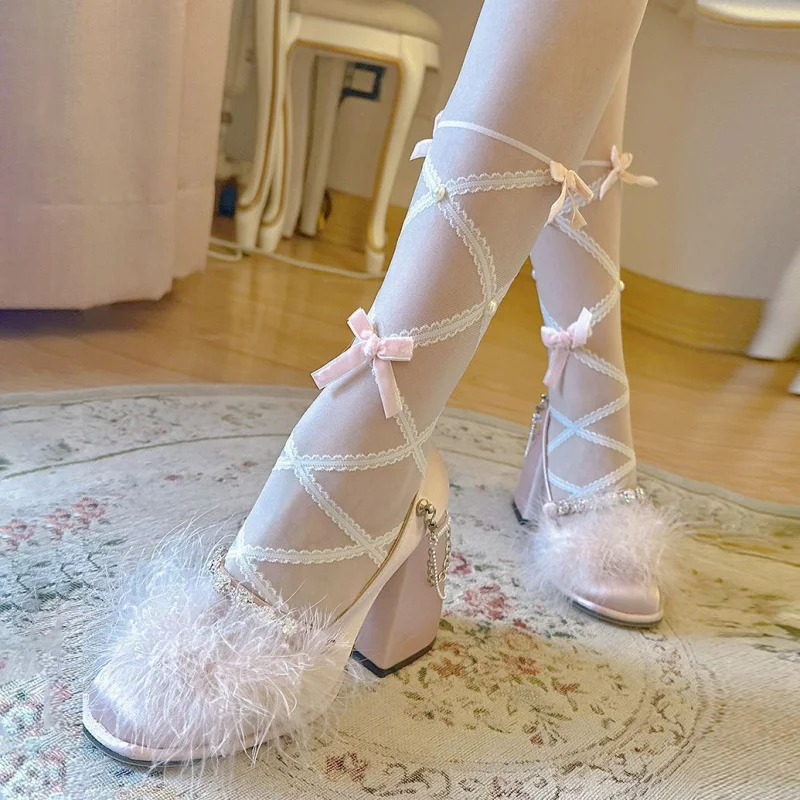 

Новые розовые бархатные чулки с перекрестными лямками и бантом в стиле японской лолиты (Sweet Lolita)