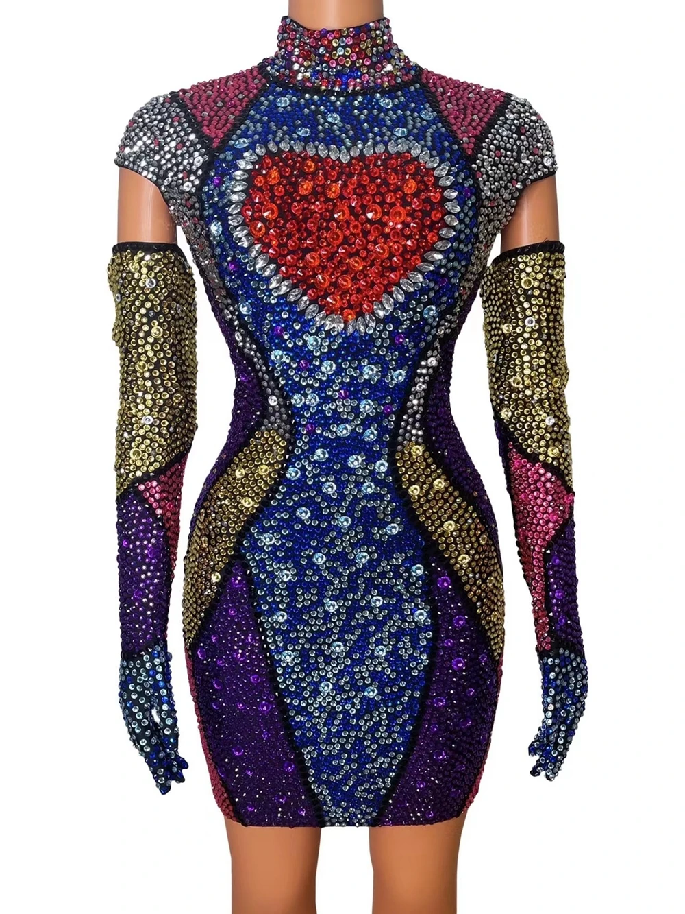 Lussuosi guanti per abiti con strass colorati completi Set da donna per il compleanno della sera festeggia il vestito da spettacolo in Costume da spettacolo