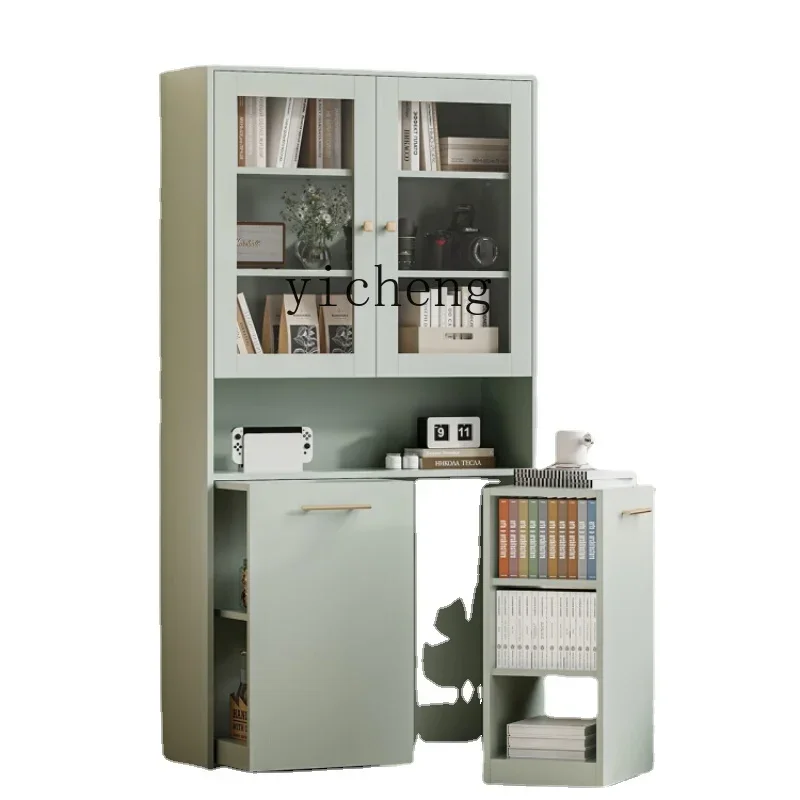 ZZf Green Combined Bookcase Double Door Glass Multi-Function Storage Cabinet with Cart
