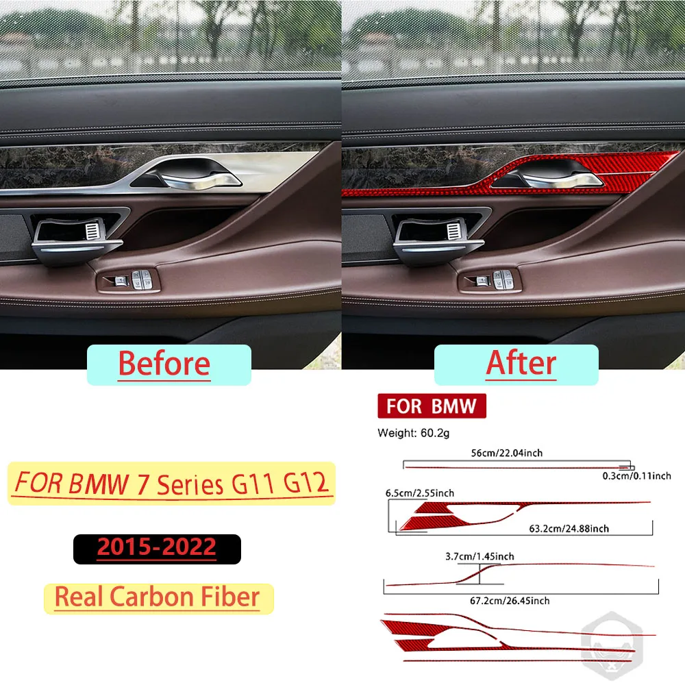 For BMW 7 Series G11 G12 2015–2022 Rear door handle Frame Trim Real Soft Carbon Fiber Interior Accessories Decoration Stickers