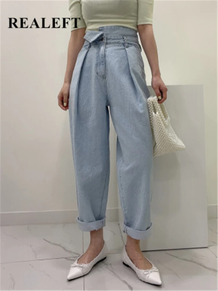 

REALEFT Loose Wide Leg Women's Denim Pants 2023 New Mid Waist Washed Buttons Casual Female Straight Jeans Korean Style