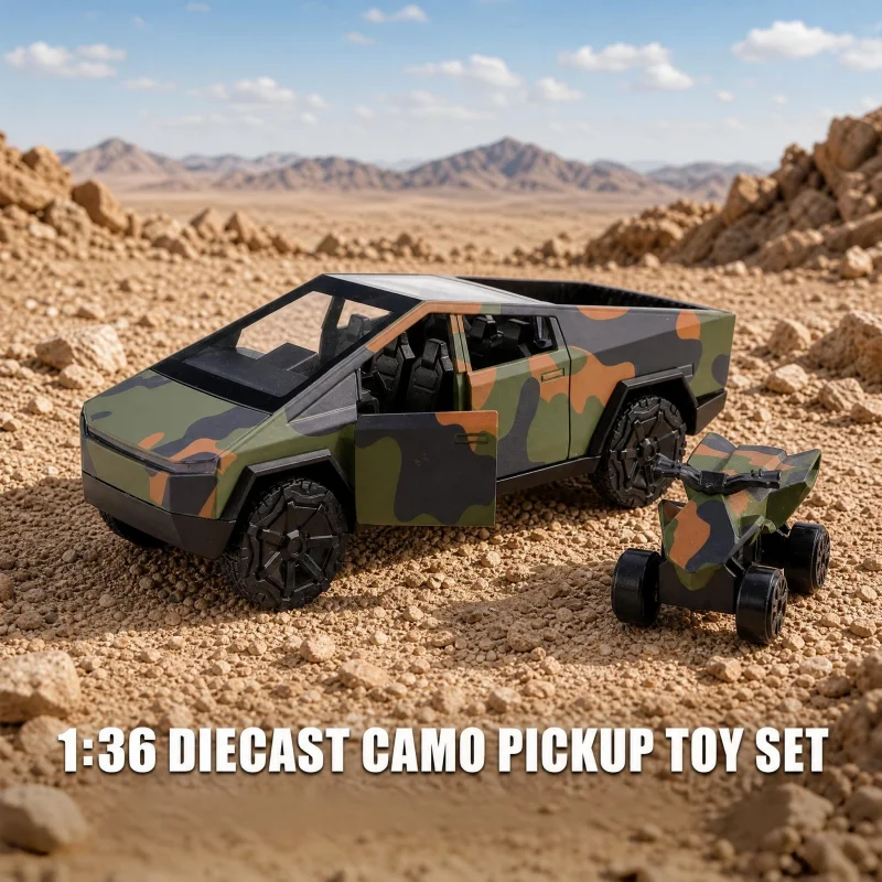 1/36 camouflage off-road pickup alloy model, can open the car door, large off-road tires, futuristic angular body, simulated car
