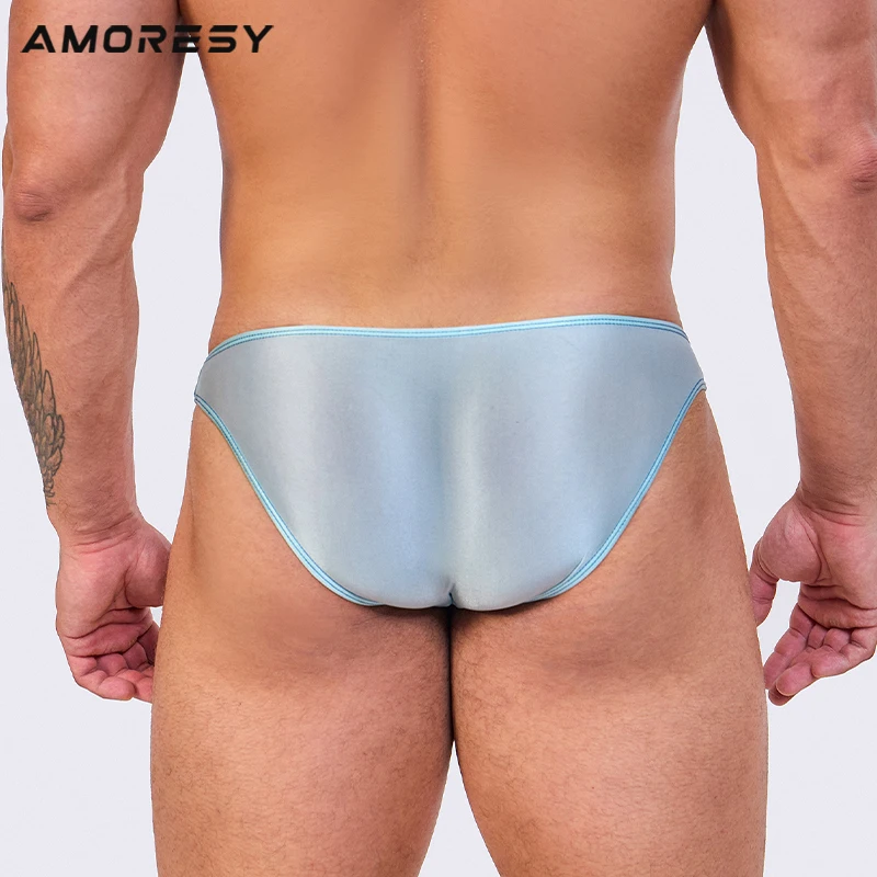 AMORESY Fashion Men\'s Sexy Glossy Thin Swimming Trunks Breathable Satin Beach Soft Thong Briefs Solid Low Waist Tights Underwear