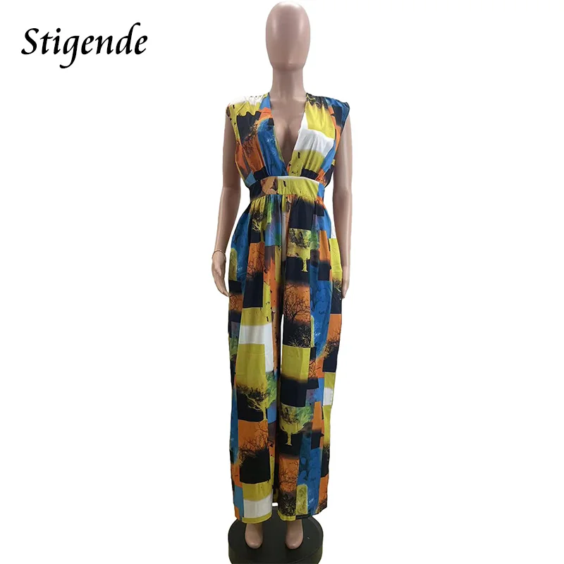 Stigende Sleeveless Loose Fit Wide Leg Jumpsuit Outfit Women Deep V Neck Back Zipper Printed Jumpsuit