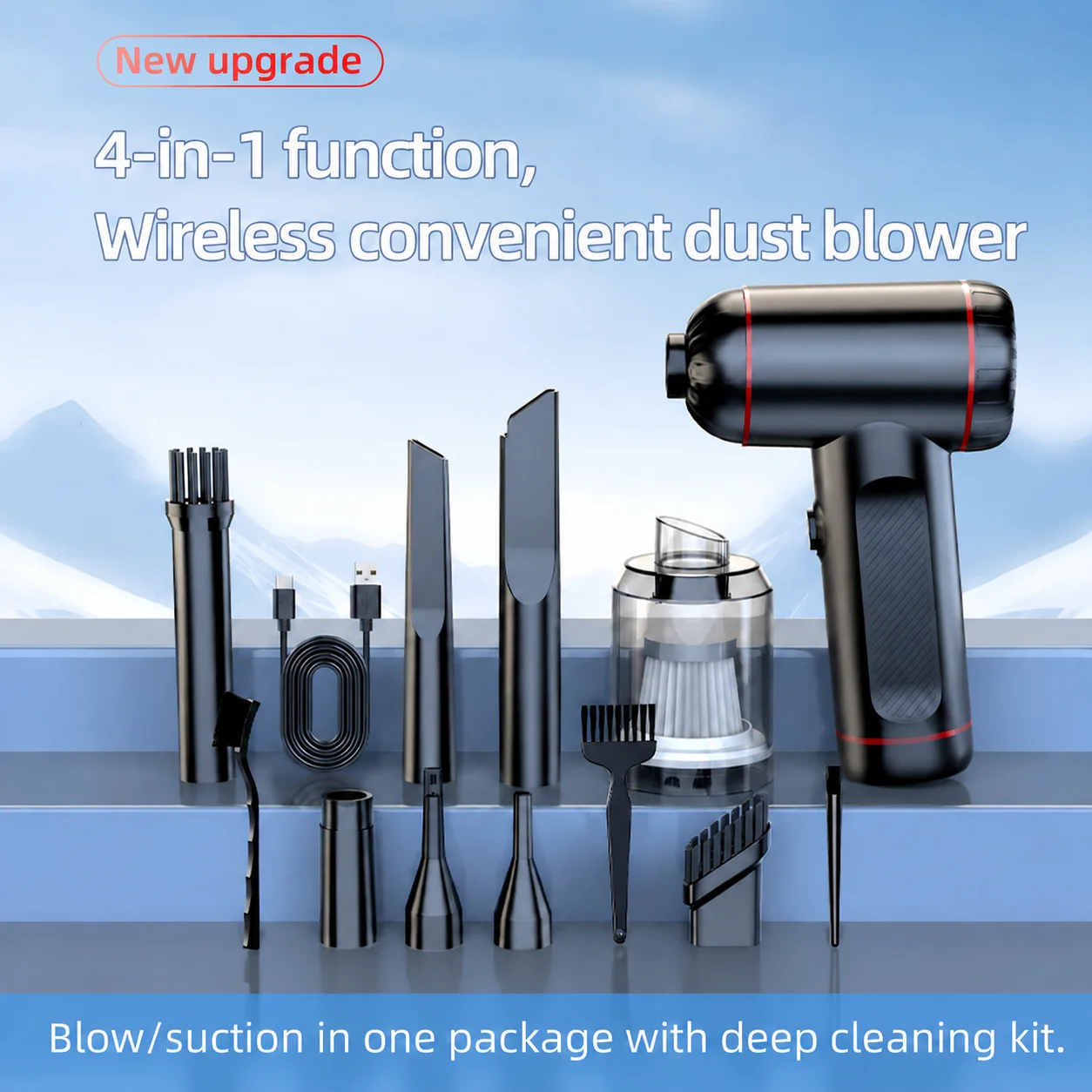 Cordless Car Vacuum Cleaner 4 in 1 Handheld Vacuum Air Duster Blower Powerful Suction Type-C Rechargeable LED Light for Auto Hom