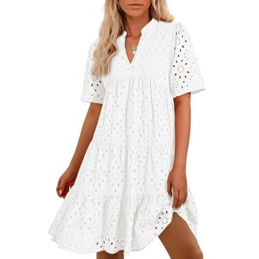 

BTFBM Womens Boho Summer Dresses 2026 Spring V Neck Short Sleeve Hollow Out Lace Ruffle Casual Beach Mini Vacation Dress