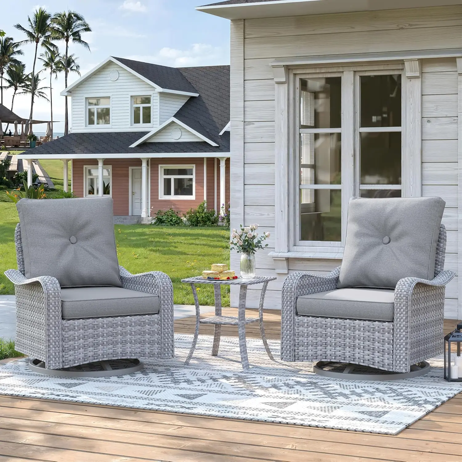 

Современный комплект садовой мебели на 2 места с вращающимися креслами-качалками, толстыми подушками 4 дюйма, плетеным ротангом из двухслойного волокна, устойчивым к ржавчине