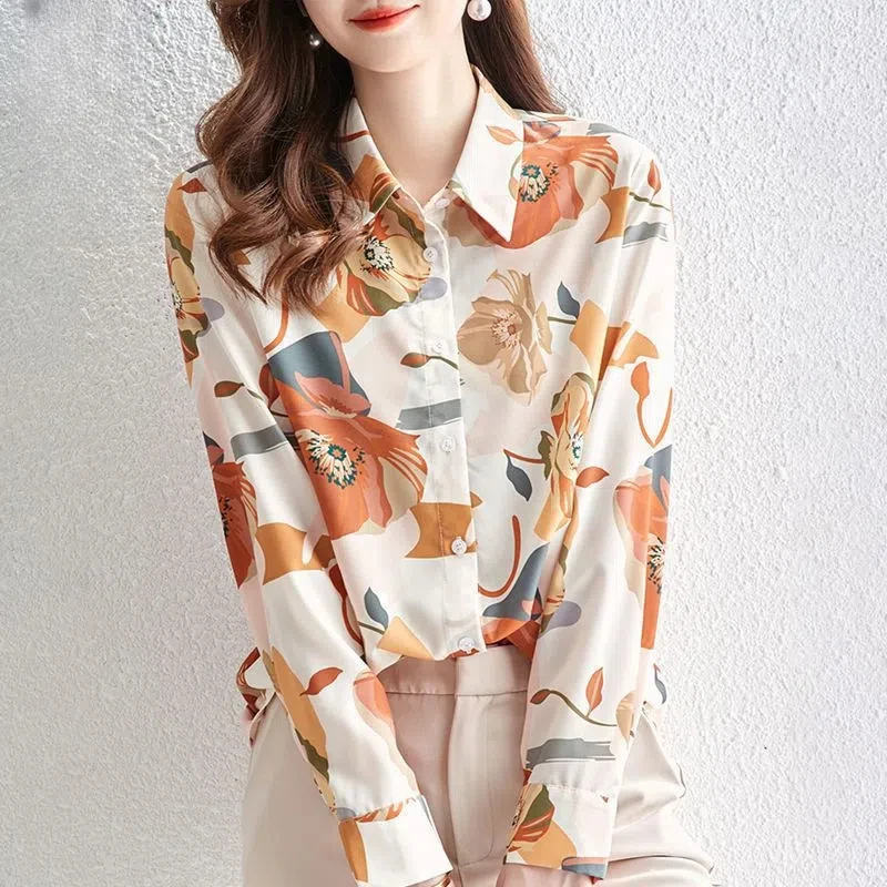 

Turn-down Collar Long Sleeve Women's Clothing Spring Autumn Button Up Printing Cardigan Casual Shirt Elegant Commuter Tops