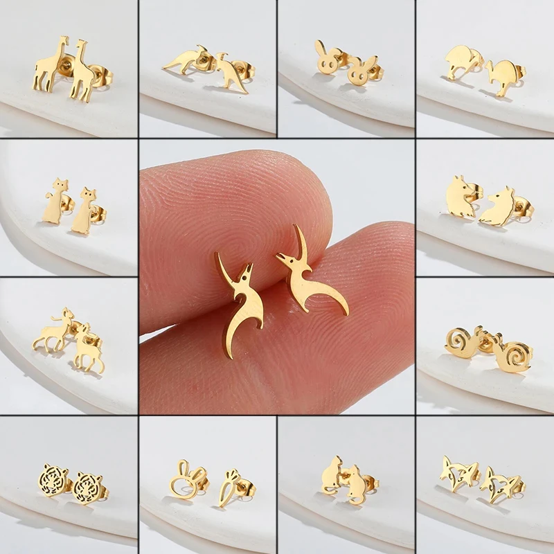 Shuangshuo Cute Elk Deer Wolf Lion Stud Earrings for Women Men Retro Stainless Steel Lovely Animal Earrings Friendship Gift