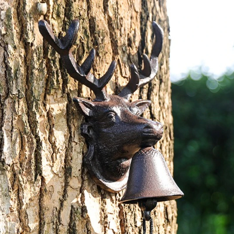 European Nostalgic Cast Iron Deer Head Doorbell Home Retro Garden Courtyard Decoration Craft Hand Cranked Bell Wall Mounted
