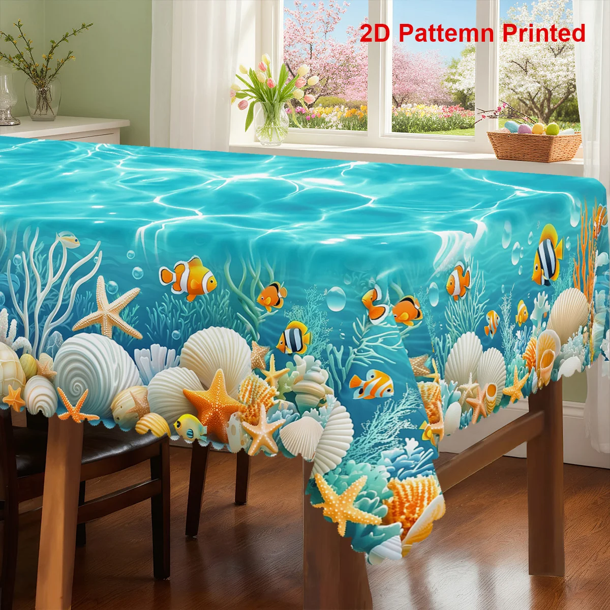1-piece 2D flat tablecloth. Ocean-themed party tablecloth. Summer design featuring clownfish, shells and starfish prints.