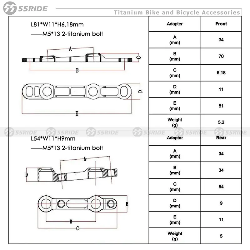 55RIDE Titanium Gr5 Road Bike Disc Brake Flat Mount Adapter Ultralight Bracket 140 to 160mm Titanium Bicycle Accessories