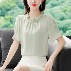 Elegant Ruffled Neck Beading Folds Satin Blouses Women's Clothing Summer New Loose Office Lady Tops Puff Sleeve Shirts