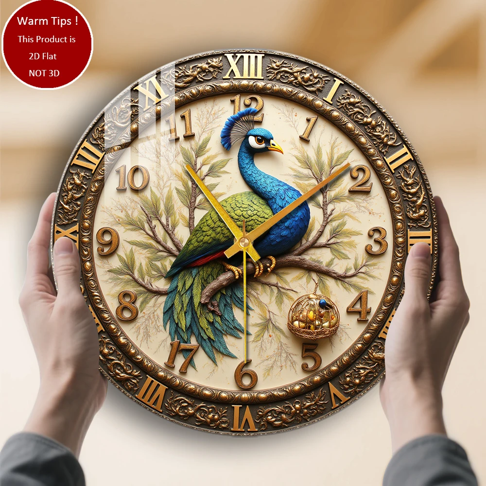 

Настенные часы из закаленного стекла с павлином на ветке с птичьей клеткой, подходящие для декора стен или настольного дисплея в любом месте