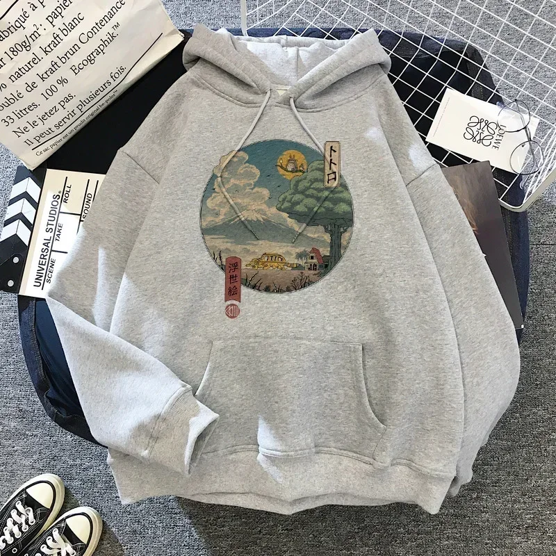 Kualitas tinggi kartun Anime Jepang Totoro Hoodie wanita Kawaii Hoodeis Miyazaki Hayao Studio sweatpria abu-abu Sweatshirt