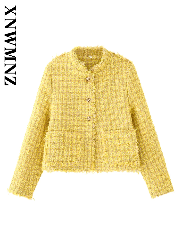 

XNWMNZ 2025 Spring Women Clothing Simple Fashion Half high Collar Long Sleeve Top Chic Casual Woman's Yellow Long Sleeve Coat