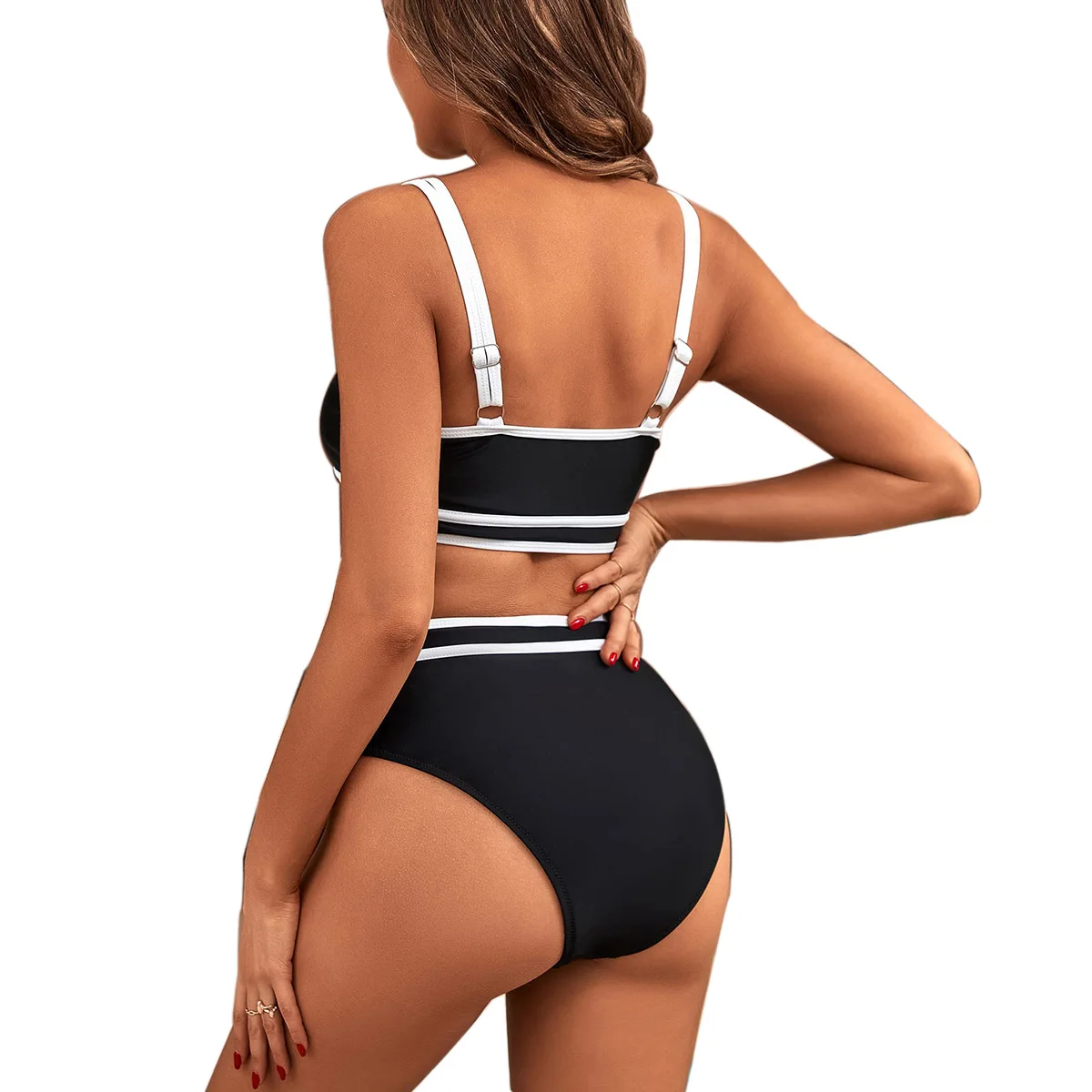 Women\'s High Waisted Bikini Sets 2024 New Sporty Two Piece Swimsuits Color Block Cheeky High Cut Bathing Suits Summer Biquini