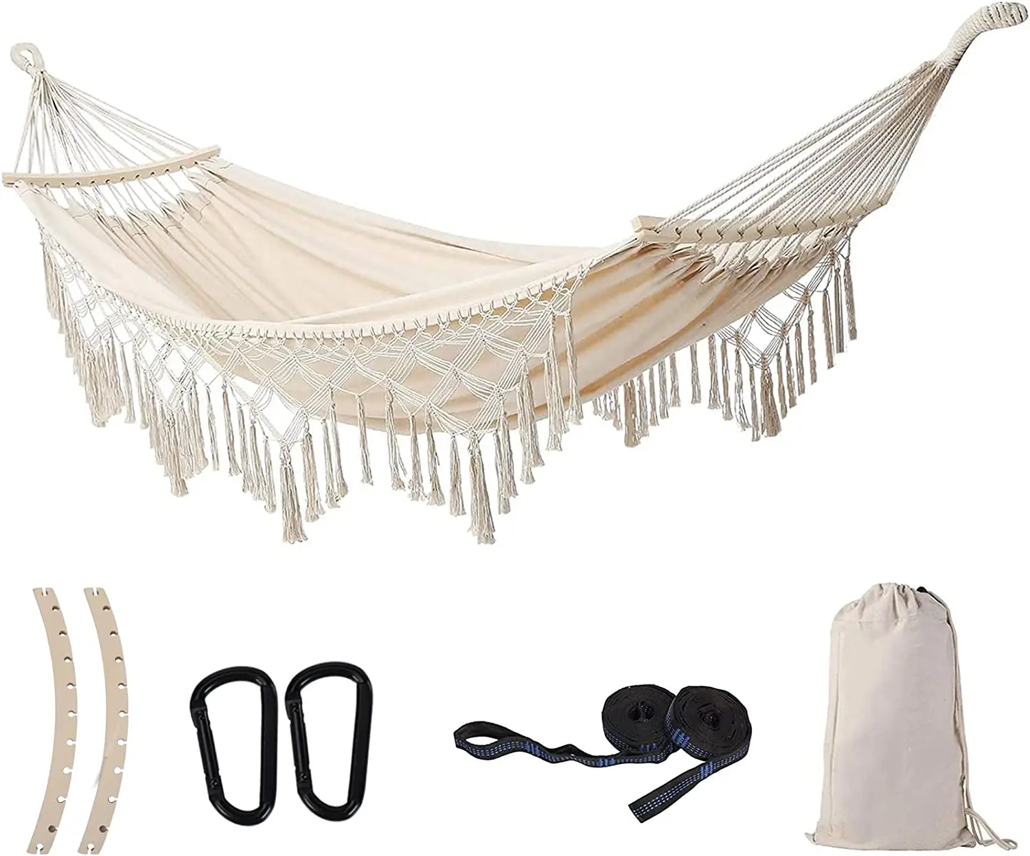 

Outdoor Handmade Swing Outdoor Hammock Cotton Canvas Camping Hammock With Tassel Brazilian Macrame Hanging Hammock