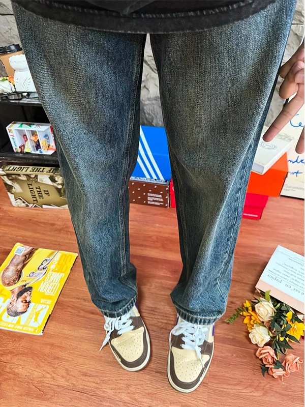 

Retro Blue Washed Denim Jeans Men's Slim Straight Leg Micro Flared Pants CleanFit American High Street Pants Casual Fashion