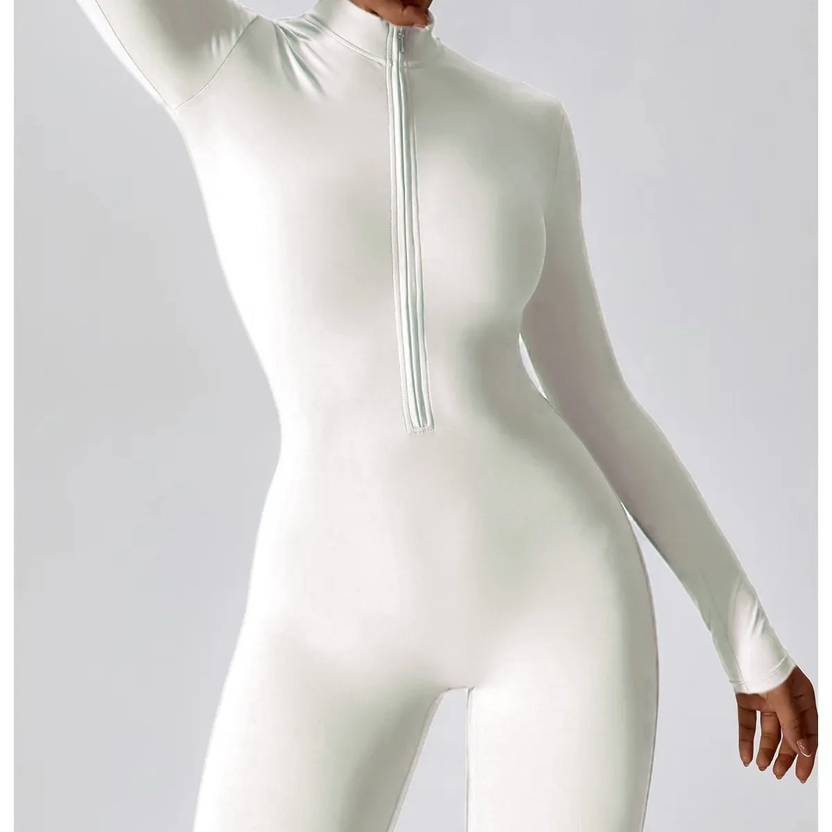 Tuta da fitness con cerniera nuda a maniche lunghe, tuta da fitness aderente per sport all'aria aperta traspirante ad asciugatura rapida