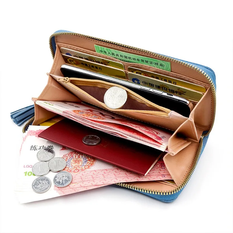 Porte-monnaie en cuir PU avec fermeture éclair pour femme, porte-cartes, pochette longue, portefeuille grande capacité, bracelet pour femme, sacs à main pour téléphone, poche pour argent