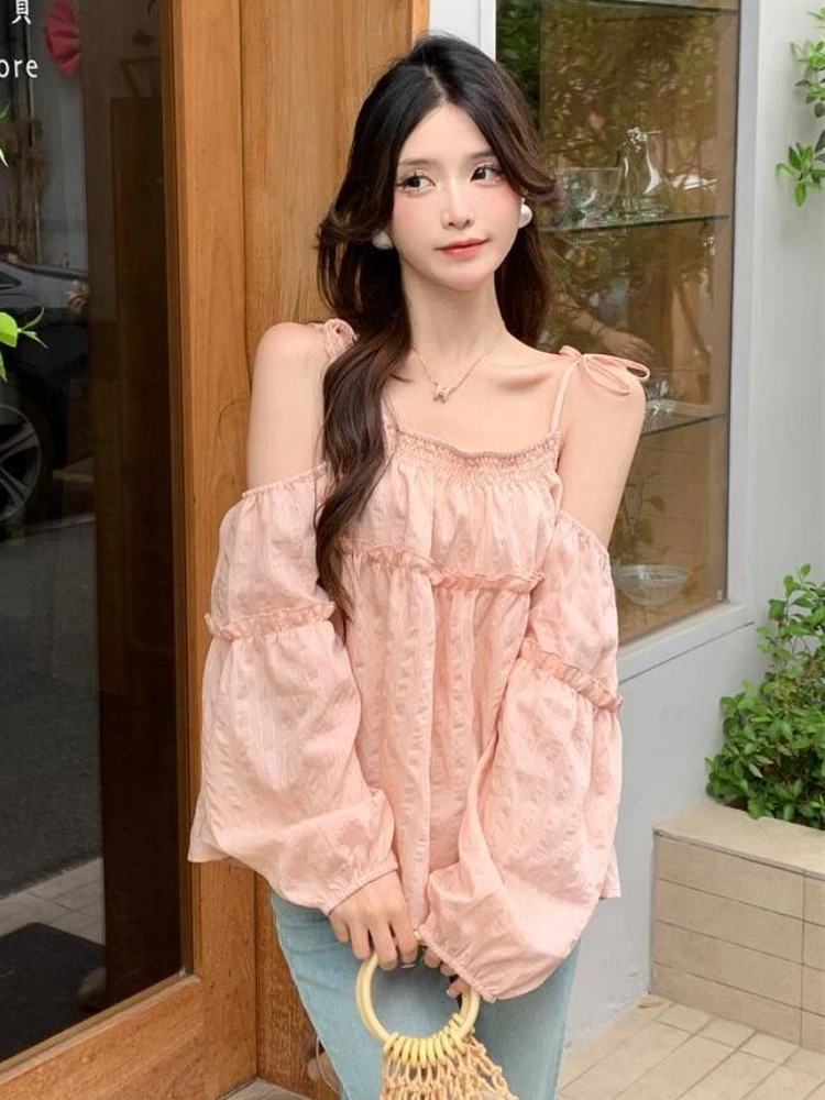 Blouses Women Kawaii Girlish Off-shoulder Design Strap Clothes Holiday Summer Loose Basics Simple Tender Aesthetic Korean Style