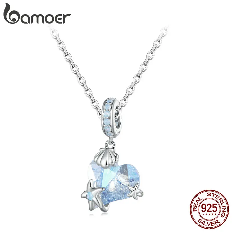 Bamoer 925 Sterling Silver Heart Shape Crystal Pendant Necklace Sea Star Neck Chain for Women Fine Jewelry Gift