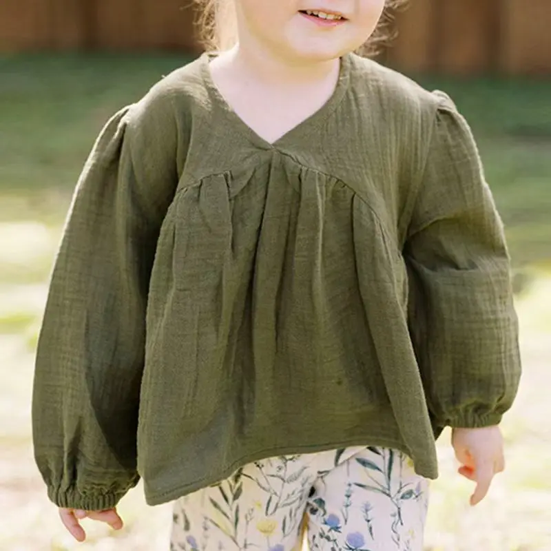 

100% Cotton Loose Long-Sleeve Shirt For Girls Retro Mori Solid Color V-Neck Tops 2025 Fall New Double-Layer Crepe Blouse