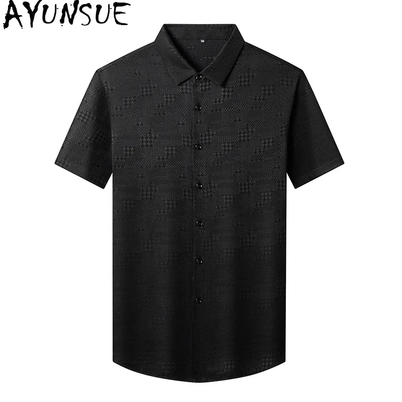 AYUNSUE Real Mulberry Silk Summer Shirt Quality Stretch Satin Short Sleeve Shirt Fashion Clothing Business Mens Shirts chemises