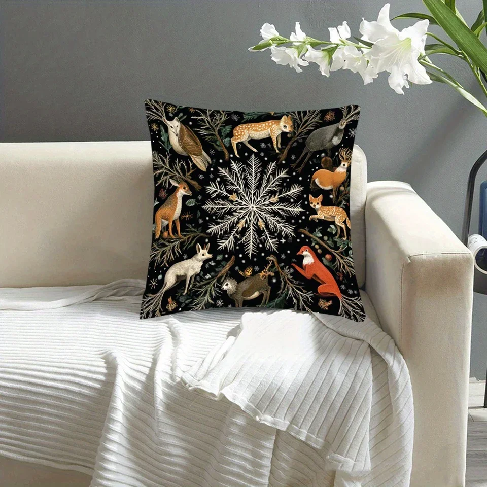 Rustic Forest Animals Snowflake Double Sided Pillowcase Merry Christmas Winter Style Zippered Cushion Cover Living Room Bedroom