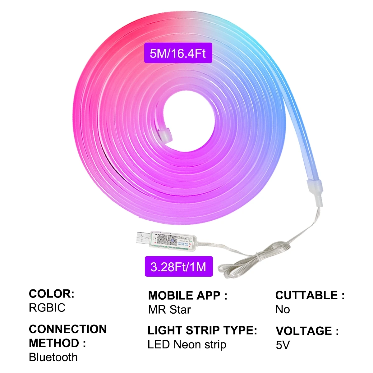 RGBIC Smart WIFI USB Neon LED Strip Lights مع مزامنة الموسيقى وتأثيرات المطارد، التحكم الصوتي Alexa/Google، للديكور الداخلي والخارجي