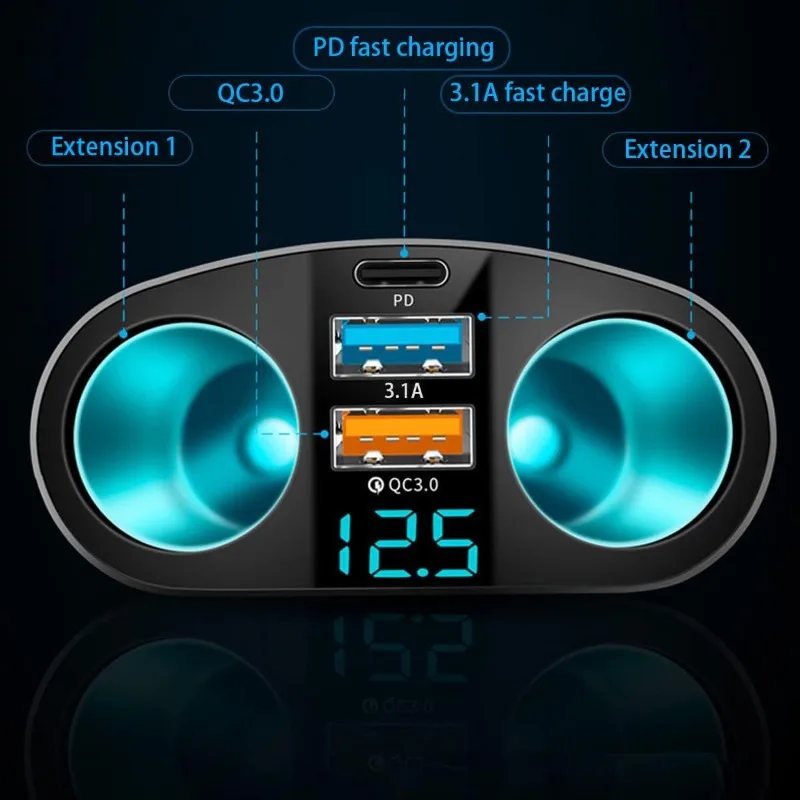 New Dual USB Type-C Car Charging Digital Display Super Fast Charging Multi-function Cigarette Lighter Expands Car Charger
