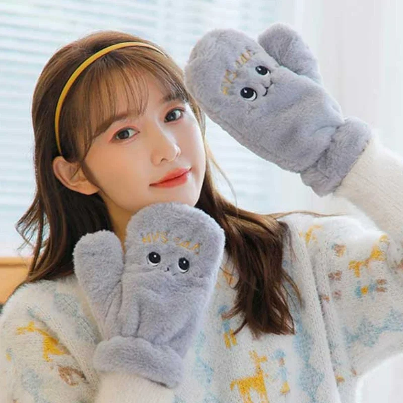 Fashion Japanese Winter Warm Lovely Plush Cat Mittens Fullfinger Thermal Rabbit Fur Gloves for Women Girls Kawaii Thicken Gloves